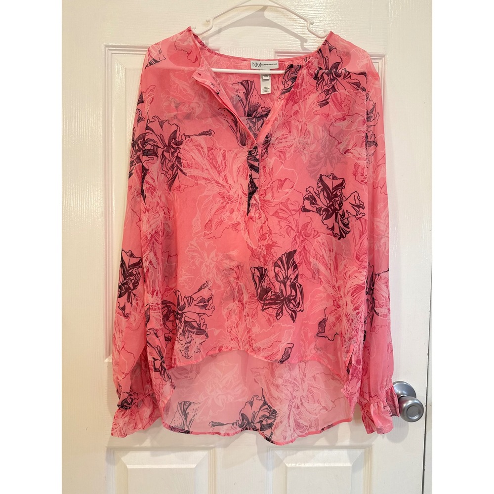 Neiman Marcus Pink Floral Print Long Sleeve Sheer Blouse Top